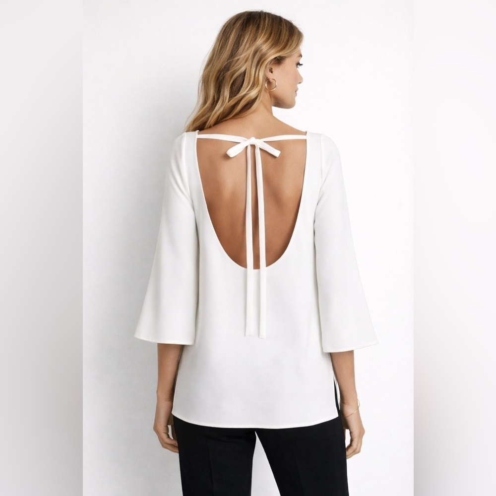 Elizabeth and James Womens Top Sz Small White Crepe Low Tie Back Bell Sleeve